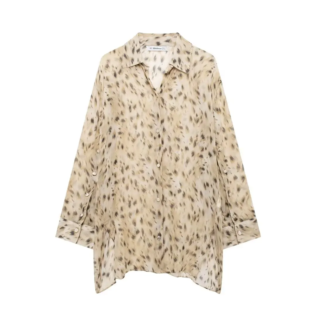 thumbnail image 1 of HH TRAF Fashion - Camisa holgada de manga larga con estampado de animales y botones de solapa para mujer, camisa informal elegante y translúcida, 1 of 4