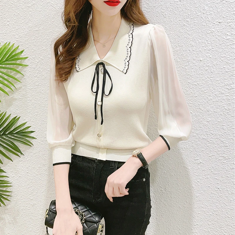 2024 New Spring Summer Women Fashion Elegant Bow Chiffon Patchwork Blouses Office Lady Casual 3/4 Sleeve Slim Pullover Knit Tops