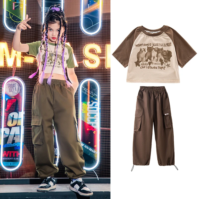 

Летний топ с коротким рукавом, штаны для бега, одежда в стиле K-POP, детская одежда в стиле хип-хоп для девочек, костюм для джазовых танцев, Уличная Одежда для танцев SL8088