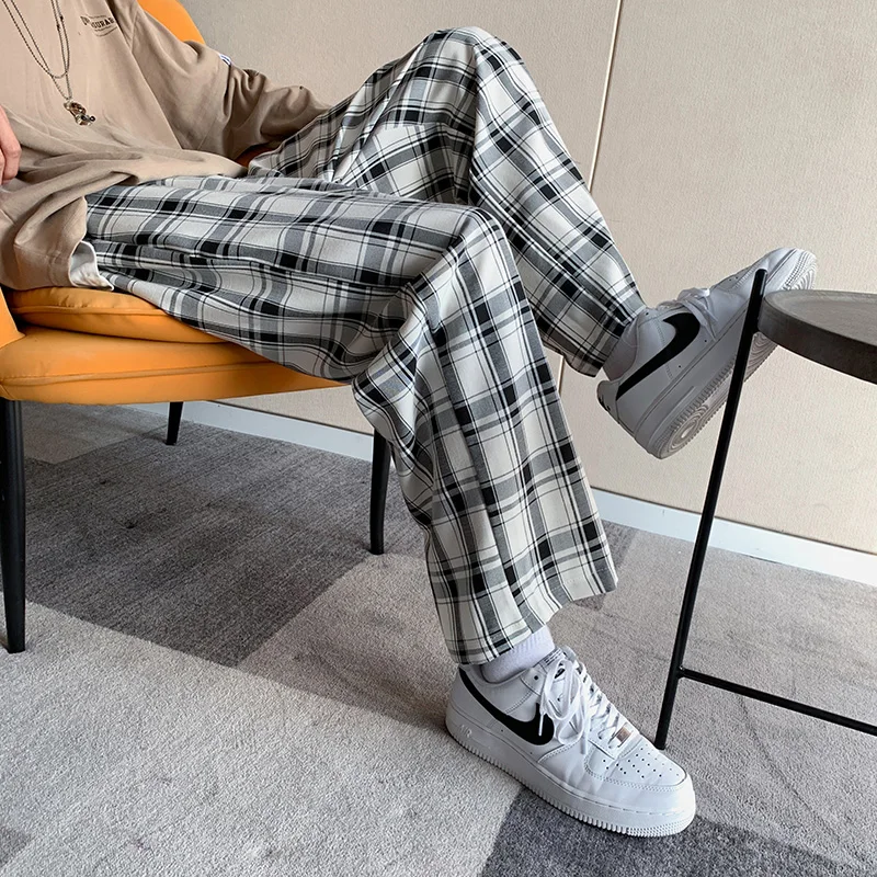 Casual Pants Men Plaid Patchwork Design Empire Fashion All-match Students Korean Style Harajuku Popular Bottoms Spring New Ins