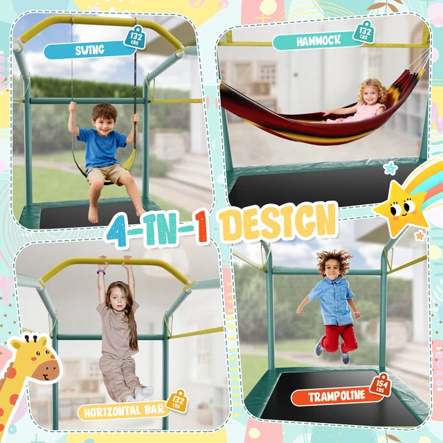 6FT Rectangle Trampoline for Small Spaces, 4-in-1 Kids Trampoline with Swing & Safety Enclosure Net, Ideal for Sensory Play & Indoor/Outdoor Use for Ages 3-8, ASTM Approved