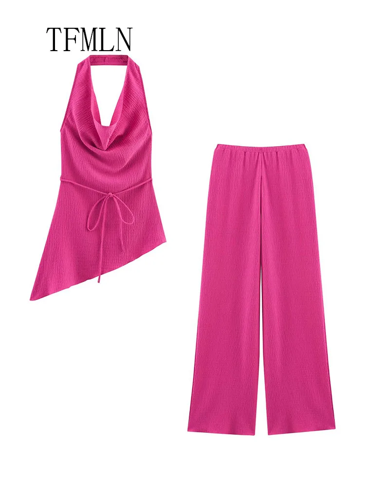 TFMLN 2025 Women Causal Halter Top Pant Sets Summer Fashion Asymmetrical Backless Camis Top Elastic Waist Straight Pant Outfits