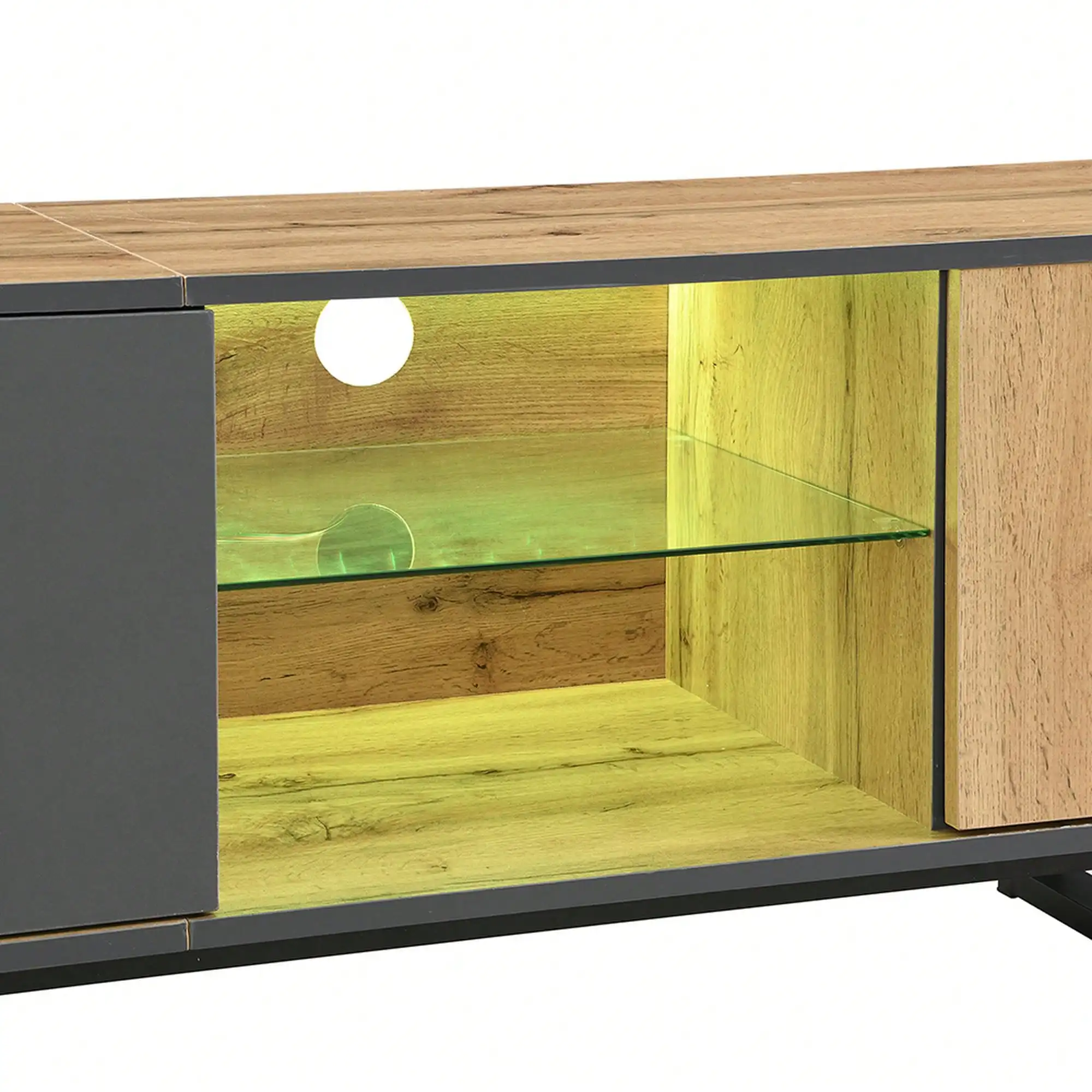 CJ ZdΜazkiΜ Schwarzer LED-TV-Schrank mit Glasteiler, Pufferscharnier, Fächer, Schublade, Industrieholz und Metall – Detail 5