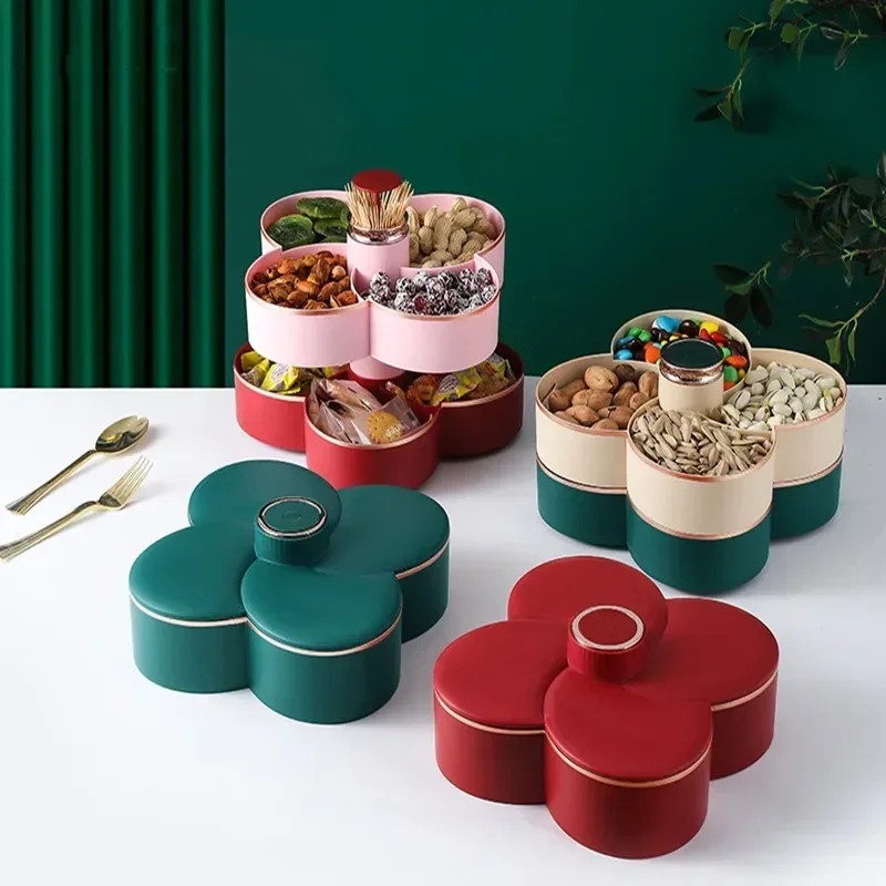 

Flower Nut Fruit Storage Petal-shape Plate Box Snack Two-deck Dried Organizer Rotating Case Food
