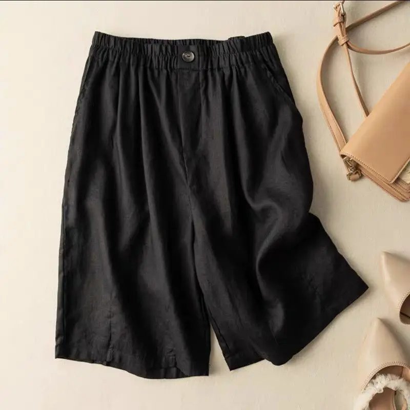 Green Cotton and Linen Lady Shorts Quarter Pants 2024 Summer Retro Style Loose Comfortable Multicolor All-match Wide Leg Pants