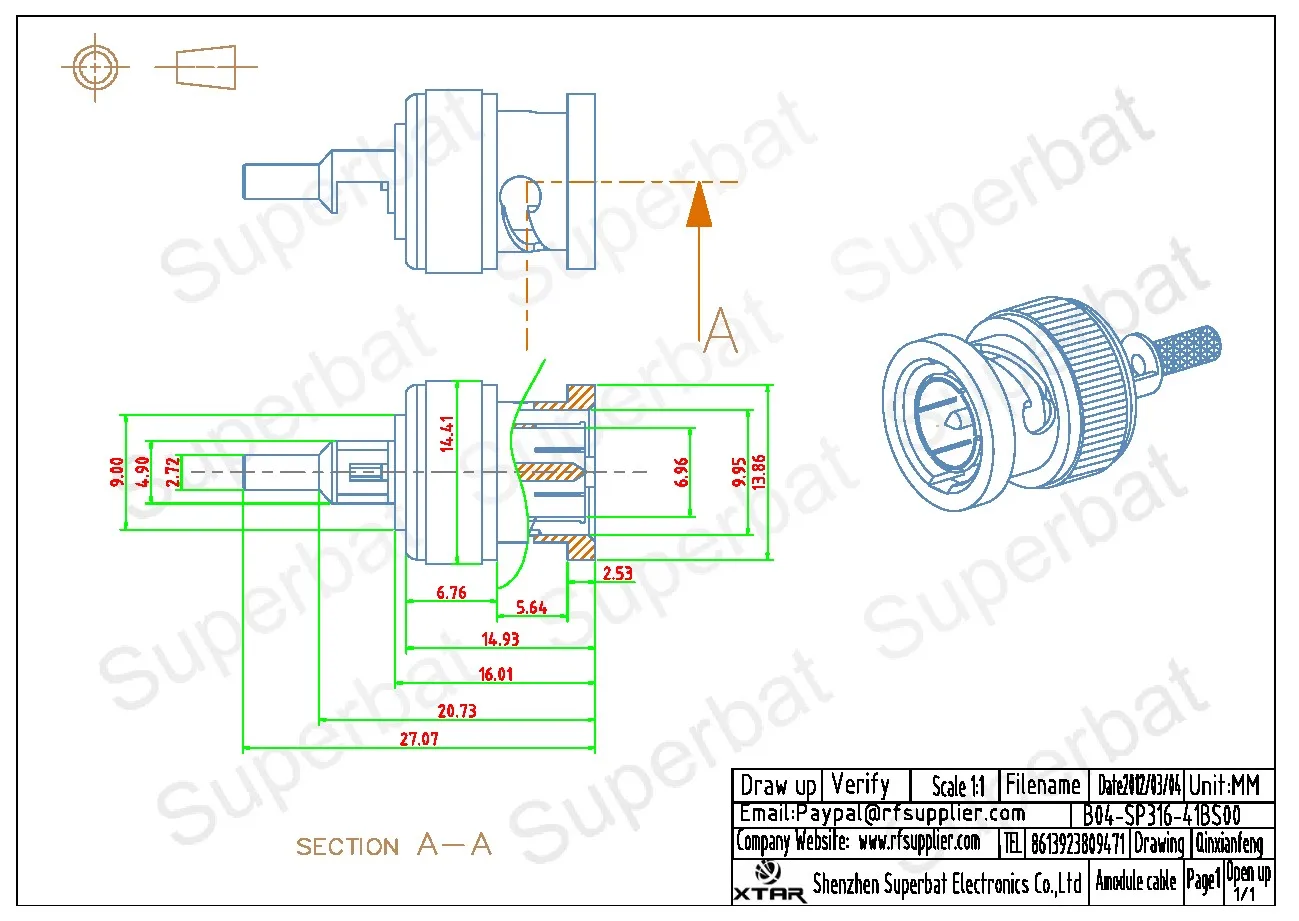 75 Ohm BNC Male Straight RF Coaxial Connector for Cable