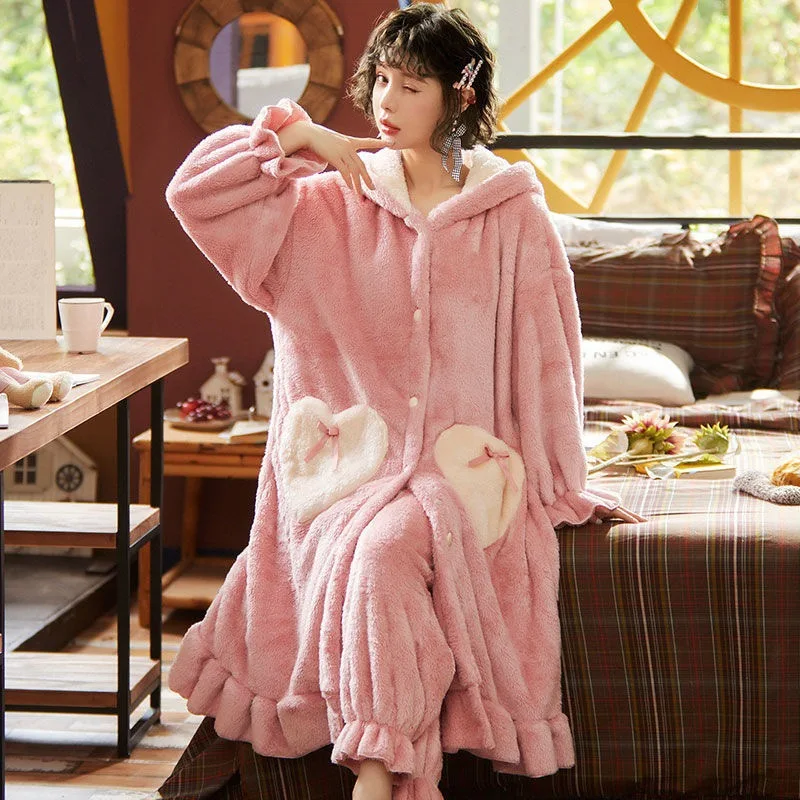 Rabbit Fluffy Pajamas Nightgown Long Robe Suit Homewear Flannel Animal Cartoon Loungewear Lingerie Full Pajamas Woman Warm