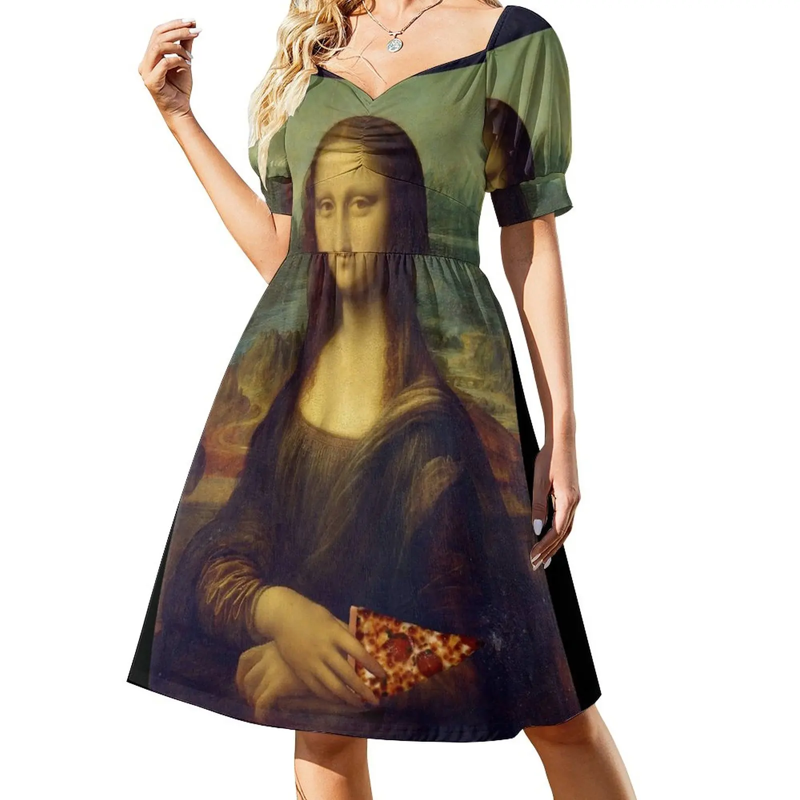 Mona Lisa with a Piece of Pizza Dress dress korean style Dress for pregnant women Long veiled dresses