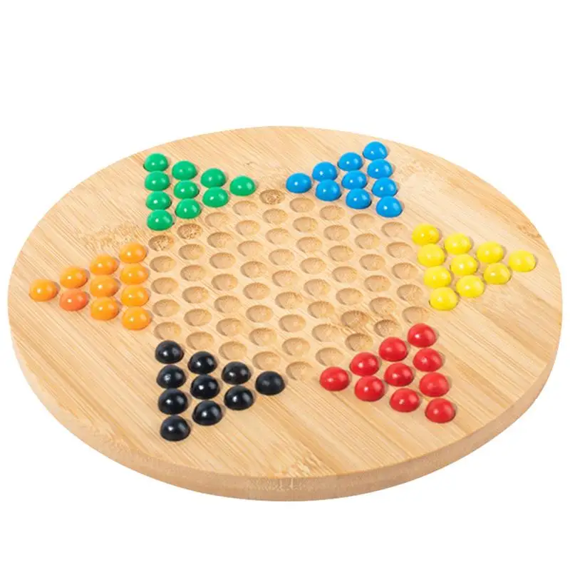 Wooden Checkers Board Game Glass Beads Chinese Wood Hexagonal Checkers Plate Glass Marble Board Games For Friends Famil
