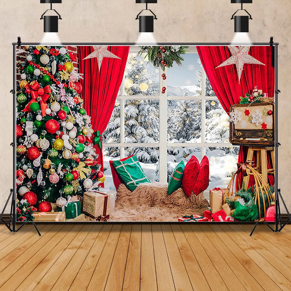 

SHUOZHIKE Christmas Tree Window Wreath Photography Backdrop Wooden Doors Snowman Cinema Pine New Year Background Prop ANT-03