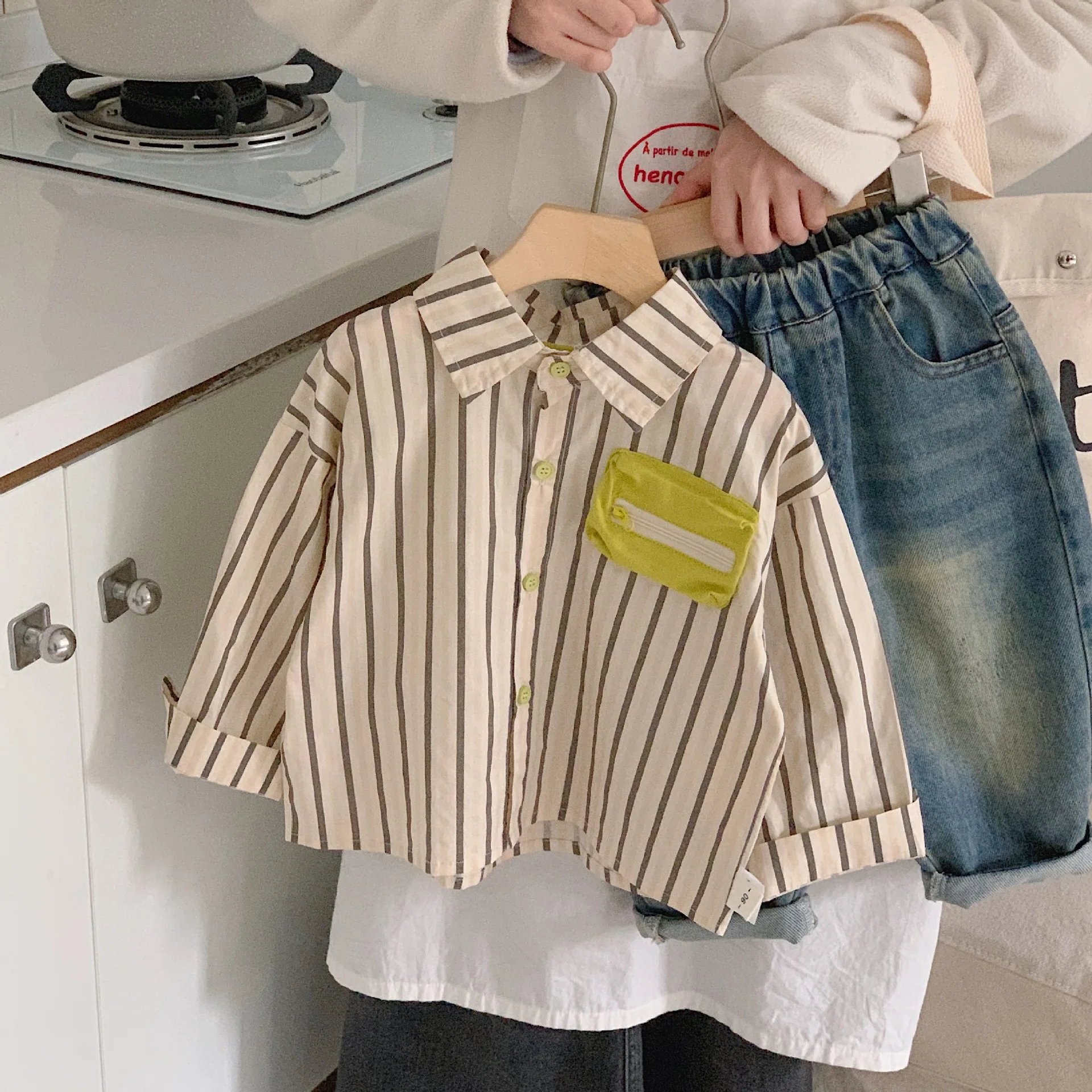 Spring Autumn Kids Boys Shirts Striped Spliced Cartoon Pocket Baby Boys Tops Cotton Long Sleeve Children Shirts