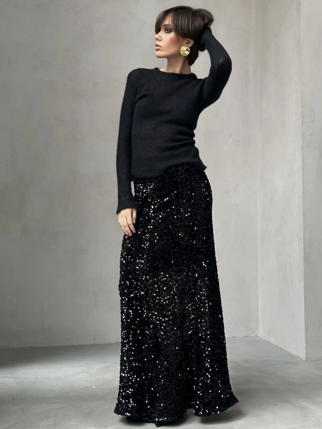 

Sequins Skirt Women Autumn New High Waist Slit Leg Shiny A-Line Skirts Fashion 2023 New Solid Vintage Elegant Long Skirt