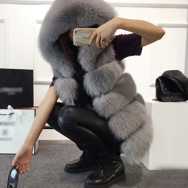 

Безрукавка из искусственного меха, зимняя повседневная верхняя одежда, женское однотонное пальто с капюшоном из искусственного лисьего меха, Модный женский жилет, 2023