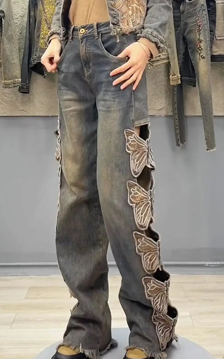 Jeans Butterfly Embroidery Y2K Hollow Out Women Harajuku  Denim Wide Leg Pants Streetwear High Waist Straight Trousers New