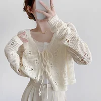 Rimocy Hollow Out Flower Knitting Cardigan for Women 2025 Summer Korean Lace Up Cardigans Woman Chic Cropped Cardigans Ladies