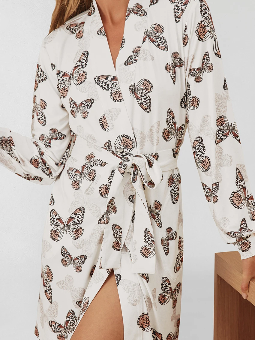 Marthaqiqi Loose Female Sleepwear Sexy V-Neck Robe Long Sleeve Bathrobe Lace Up Nightgowns Casual Printing Ladies Home Clothes