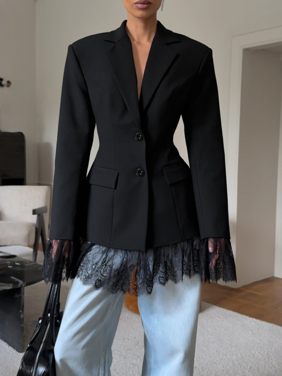 Bornladies 2026 Women's Autumn Winter New Black Blazer Design Sense Lace Paneled European & American Office Wear Long Sleeve Top