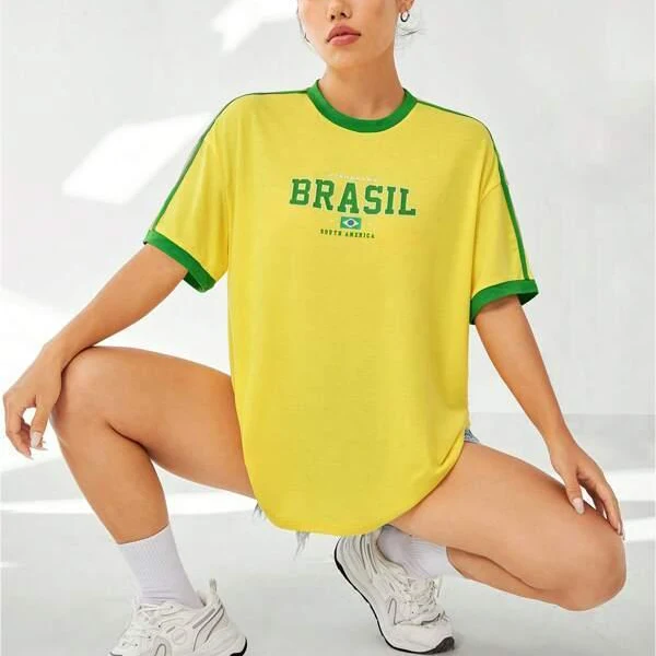 Europe and the United States loose letters yellow green top Y2K women's summer T-shirt sexy clothing street
