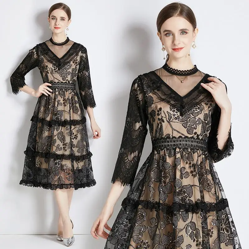 

Elegant Black Color Lace O-neck Light Luxury Female Dresses For Autumn High Class Embriodery Gauze Hollow Out Sequins Vestidos