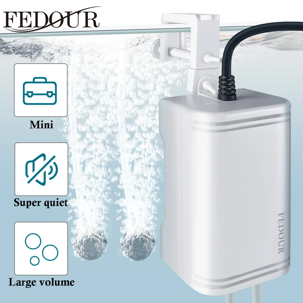 FEDOUR Ultra Silent Aquarium Air Pump Mini Compressor Dual Outlets with