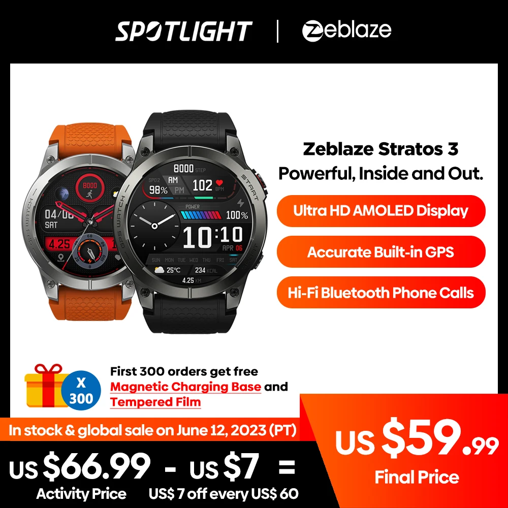  [Flagship 2023] Zeblaze Stratos 3 Premium GPS Smart Watch Ultra HD AMOLED Display Built-in GPS Hi-Fi Bluetooth Phone Calls 