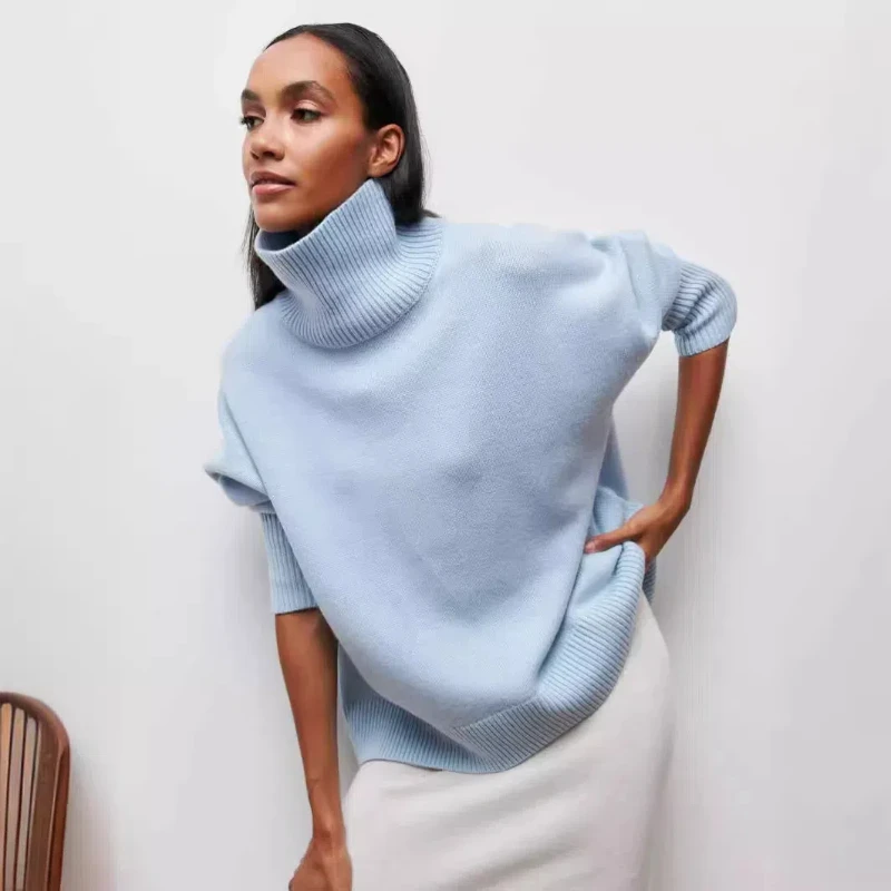 New Autumn and Winter Women's Turtleneck Solid Color Long-sleeved Sweater Fashionable Loose Casual Office Pullover Shirt 80