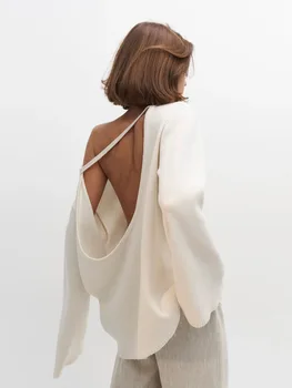Original Backless O-neck Cotton Knit Sweater Autumn and Winter Women Simple Loose Soft Warm Elastic Daily Office Casual Sweater 1