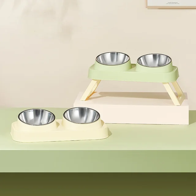 ​​15° Elevated Pet Feeder: Portable Foldable Dual Stainless Steel Bowls with Non-Slip Base - Neck Support for Cats and Dogs​ 3