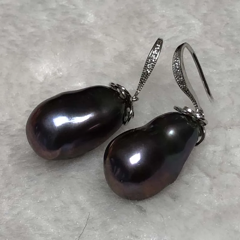 

ELEISPL JEWELRY 13x20mm Black Baroque Pearl Dangle Earring Hook #230030-5