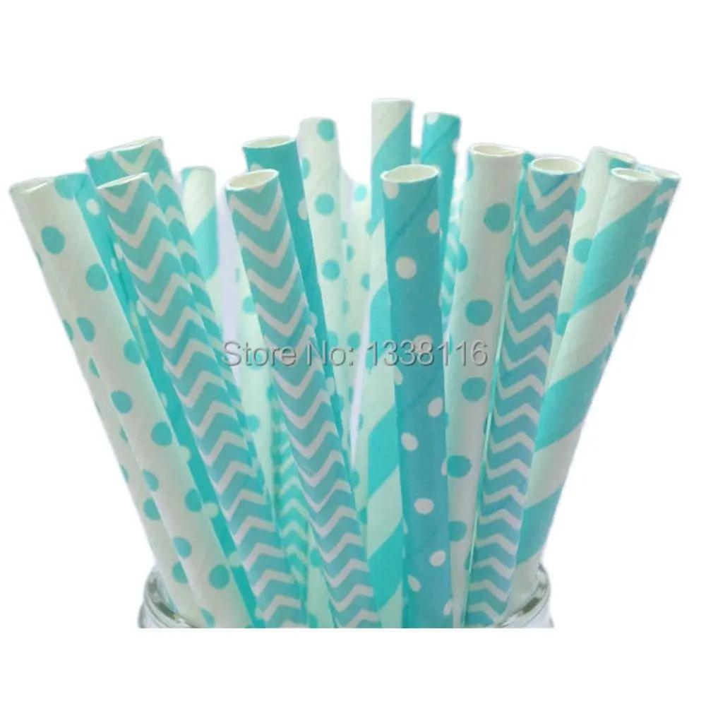 200pcs Light Blue Stipe Dot Wave Mixed Paper Straws ,Party Supplies