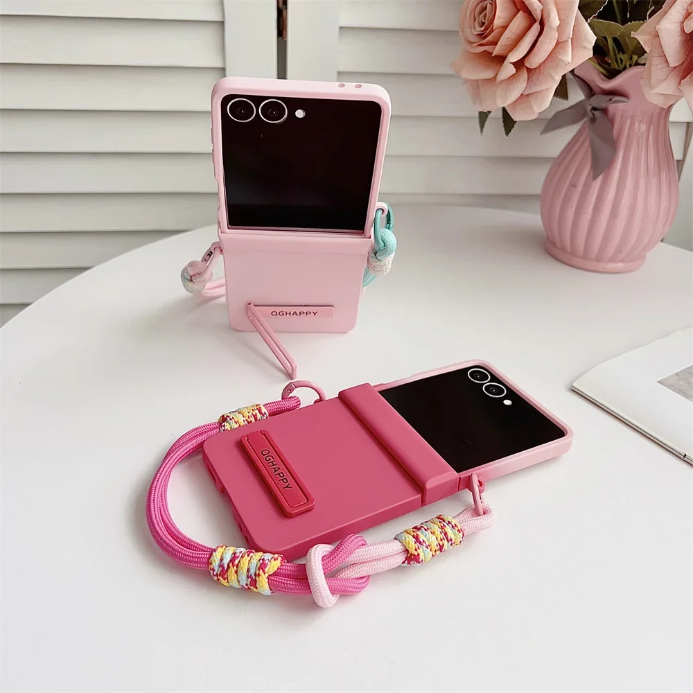 Gradient Candy Color Phone Case with Wrist Strap and Hinge Protection