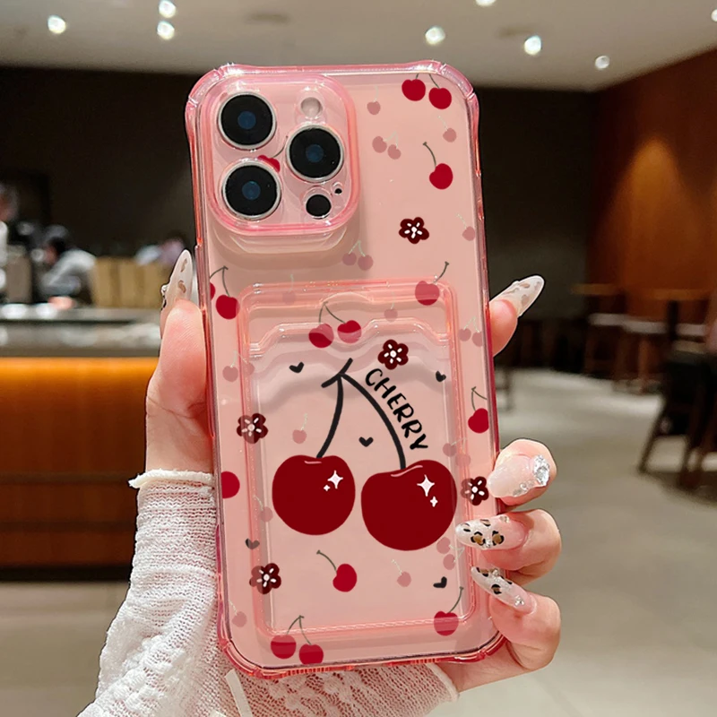 Red Cherry Pattern Shockproof Soft Silicone Phone Cover with Card Slot Pocket