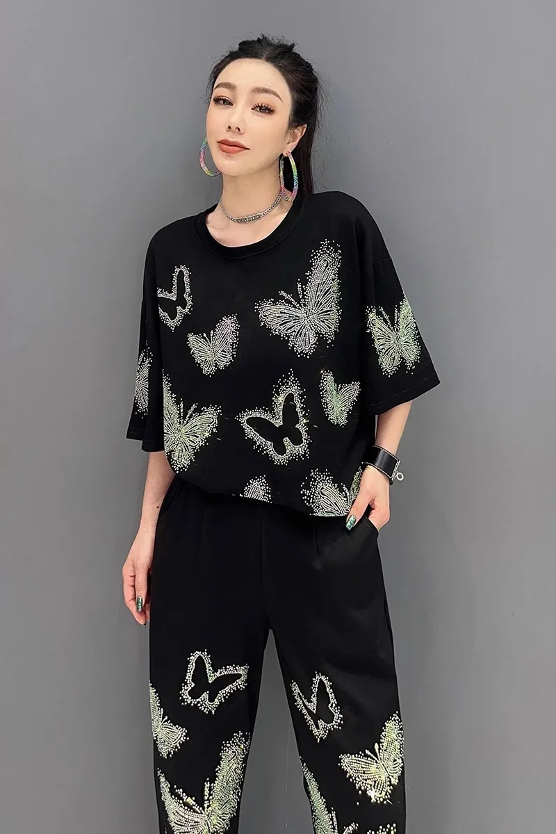 2024 Summer New Women's Fashion Heavy Embroidery Diamond Drills Butterfly Short-Sleeve Top Bootleg Pants Casual Suit 2 Piece Set
