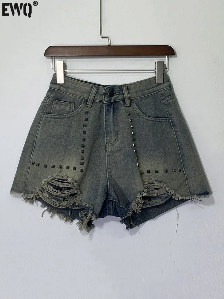 

[EWQ] European Rivet Fashion Denim Shorts For Womens Large Size Tassel Ragged Edge A-line Short Pants 2024 Spring Summer 16U8996