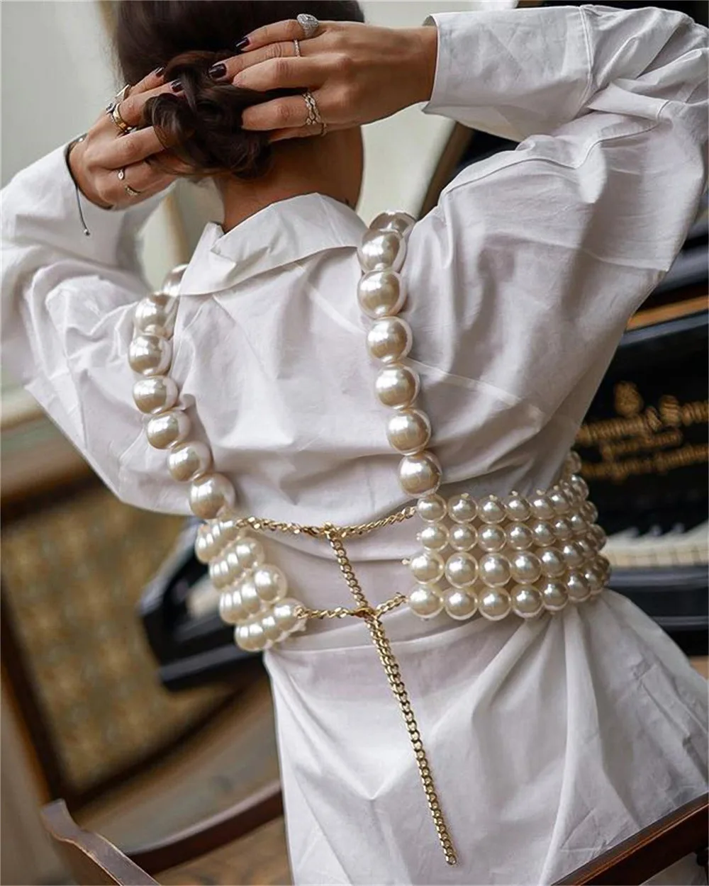 Women Luxury White Black Big Pearls Straps Vest Hollow Beading