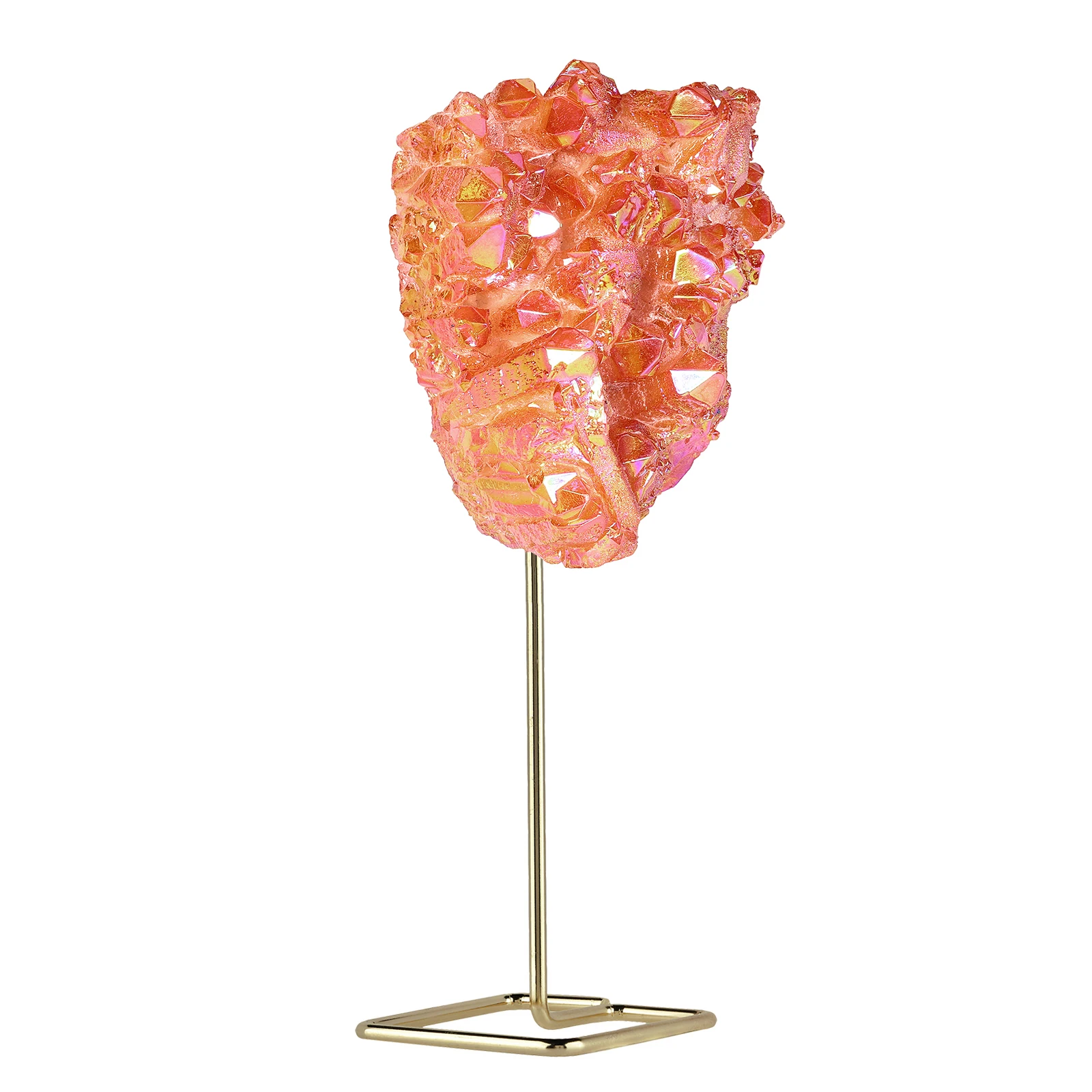 Titanium Coated Rock Quartz Crystal Cluster With Gold Metal Stand Raw Specimen Geode Stone For Home Decor Table Display