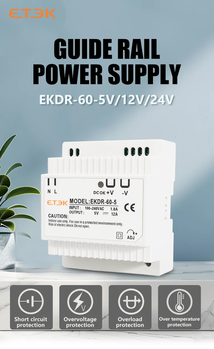 ETEK DR-15/60 Series 5V 12V 24V Output Voltage 15W 60W Din Rail Type Small Volume Switching Power Supply Transformer EKDR