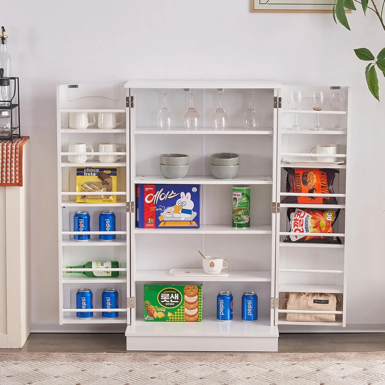 Pantry Cabinet, Freestanding Kitchen Storage Cabinet With Doors And Adjustable Shelves, Pantry Cupboard Buffet Sideboard For