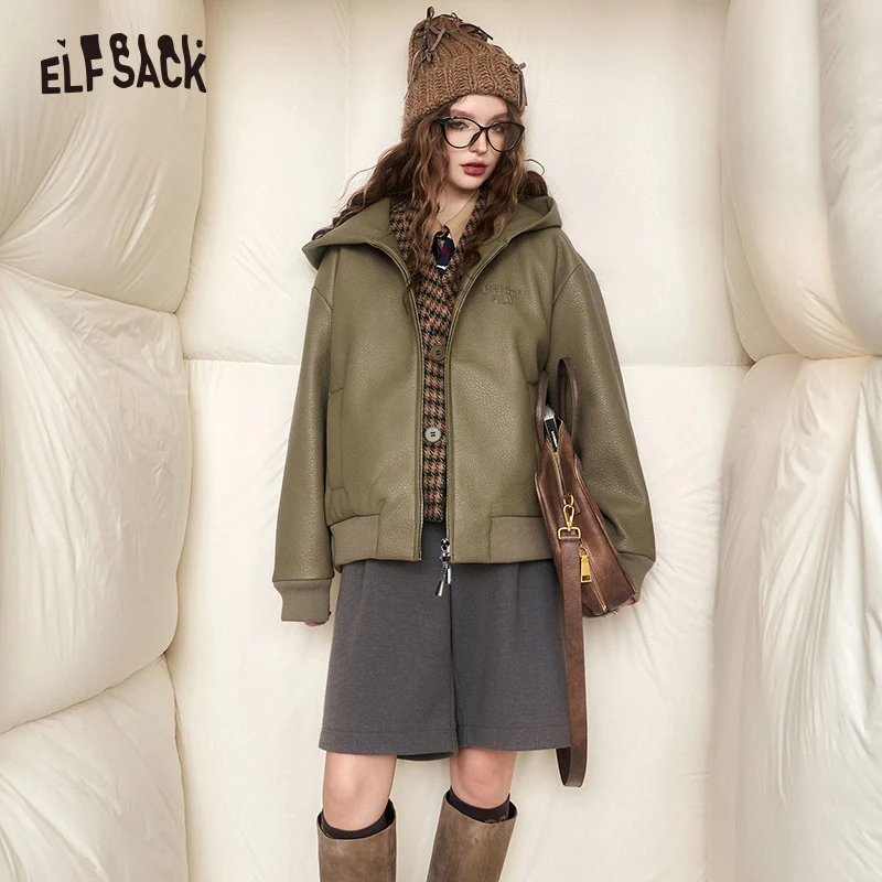 ELFSACK PU Fleece Hoodies Thick Jackets Women 2023 Winter New Designer Outwears