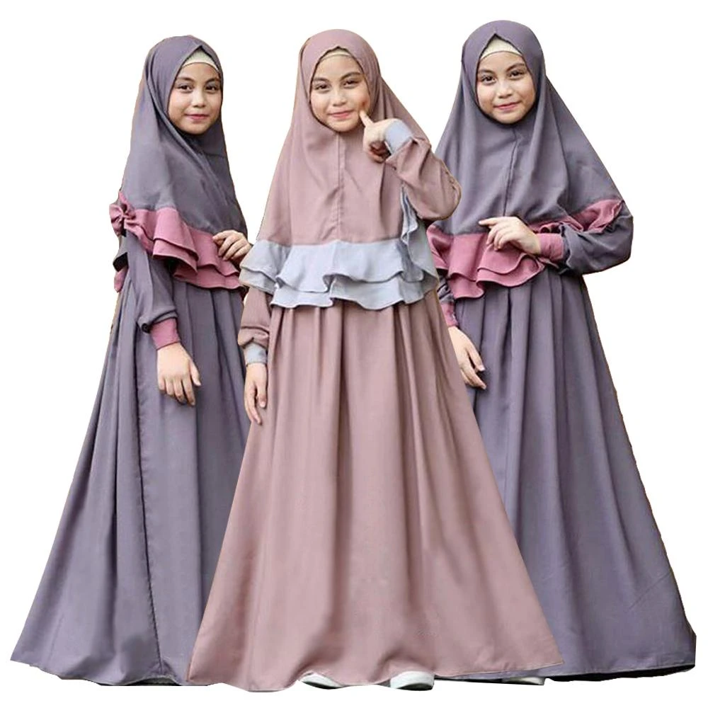 Muslim Women Girls Prayer Scarf Hijab Dress Set Islamic Kaftan Abaya Jilbab Robe