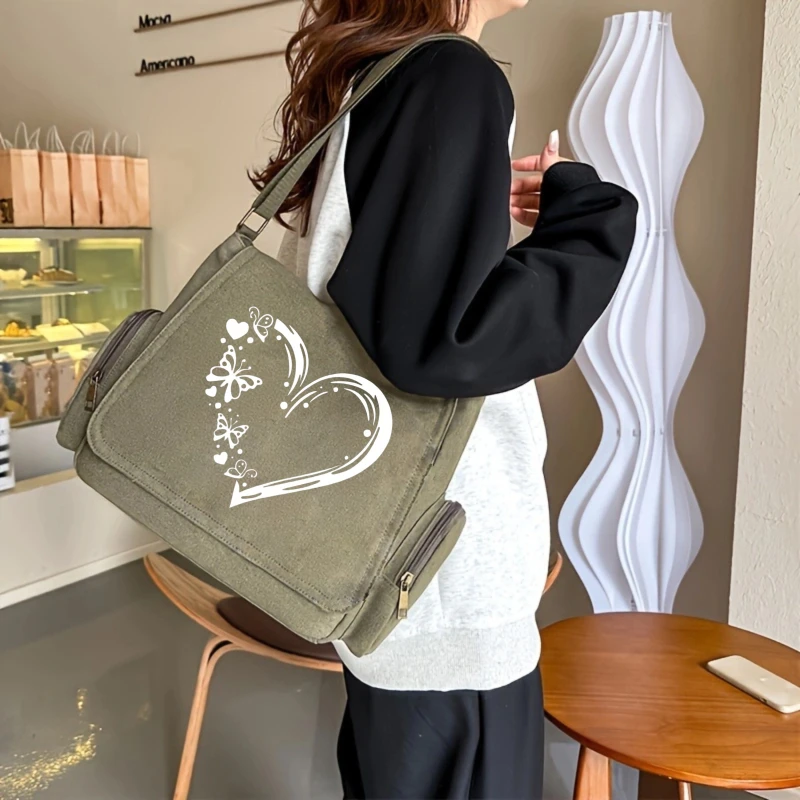 Casual Women's Shoulder Bag Crossbody Bag Canvas Messenger Bag Heart Print Large Capacity Laptop Bag