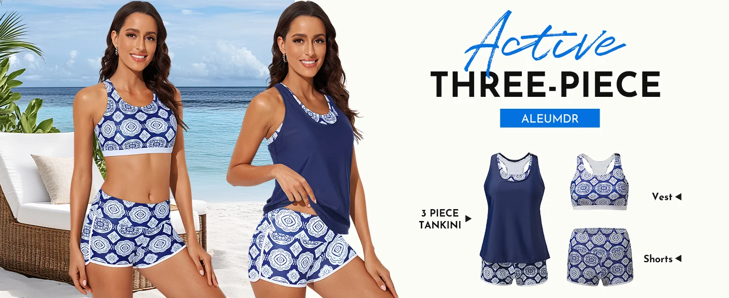 Athletic 3 Piece Tankini Swimsuits with Shorts