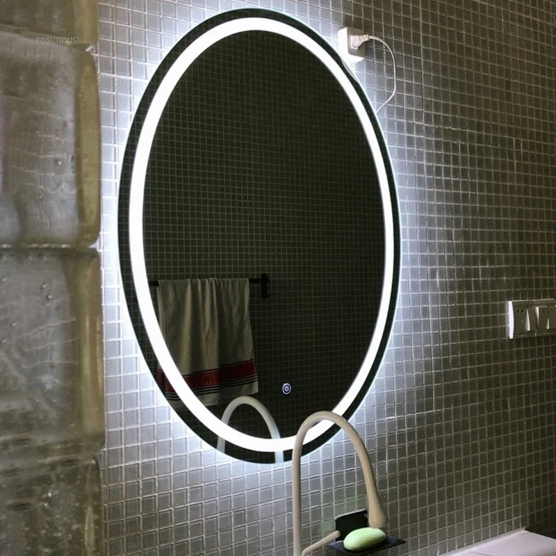 Smart Bath Mirrors Touch Screen Anti-fog LED Light Bathroom Mirror Toilet Body Induction Wall-mounted Lighted Makeup Mirror C