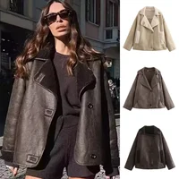 2025 Fleeced Faux Leather Jacket Women Outerwears Vintage Cold Faux Wool & Blends Coats For Woman Autumn Winter Plush Jacket