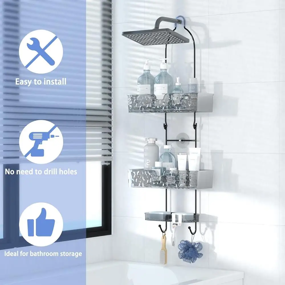 Hanging Shower Caddy No Drilling Over Head Organizer Quick Drainage Waterproof Rust-proof Shower Storage with Hooks and Baskets 6