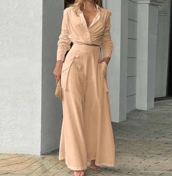 Women's 2023 New Hot Selling Casual Solid Color Temperament Commuter Loose Pocket Fashion Set In Stock hot selling women s jumpsuit 2023 new style temperament commuter fashion casual summer sexy v neck pocket strap wide leg pants
