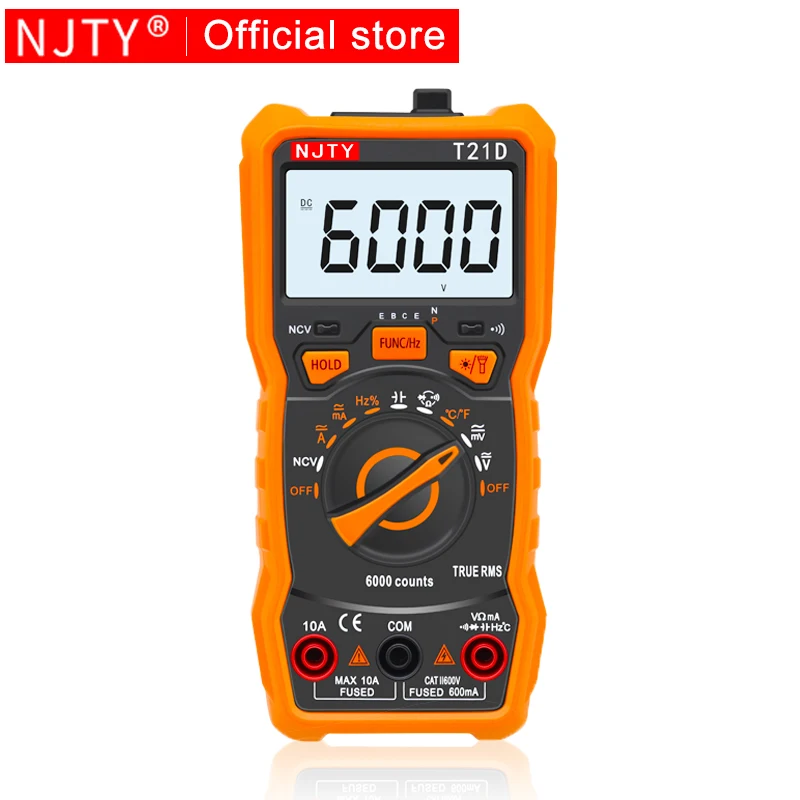 

NJTY Digital Multimeter T21A T21B T21C T21D T21E 6000 Counts AC/DC A V Auto Range T-RMS NCV Handheld Multimetro Voltmeter Tester