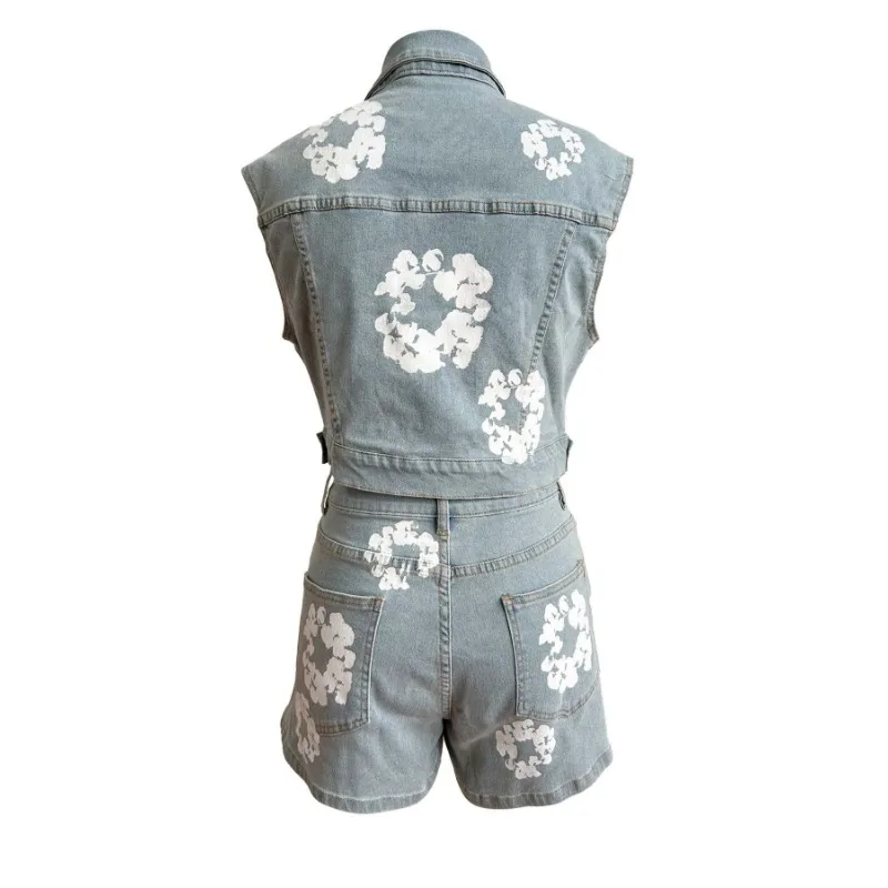 2024 Summer New Print Slim Denim 2 Piece Set Women Turn Down Collar Sleeveless Single Breasted Jacket Skinny Shorts Streetwear