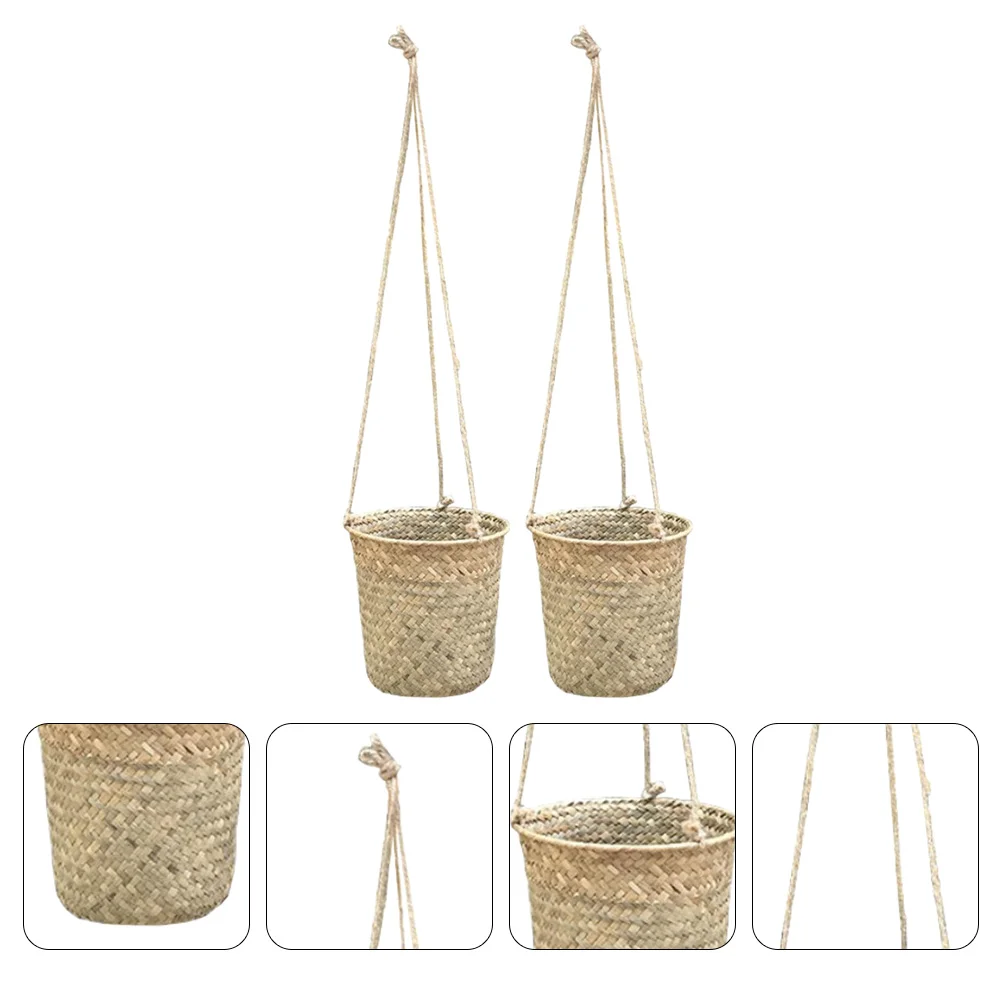 

2 Pcs Woven Hanging Basket Rattan Wooden Clothes Hanger Hand-woven Flower Container Outdoor