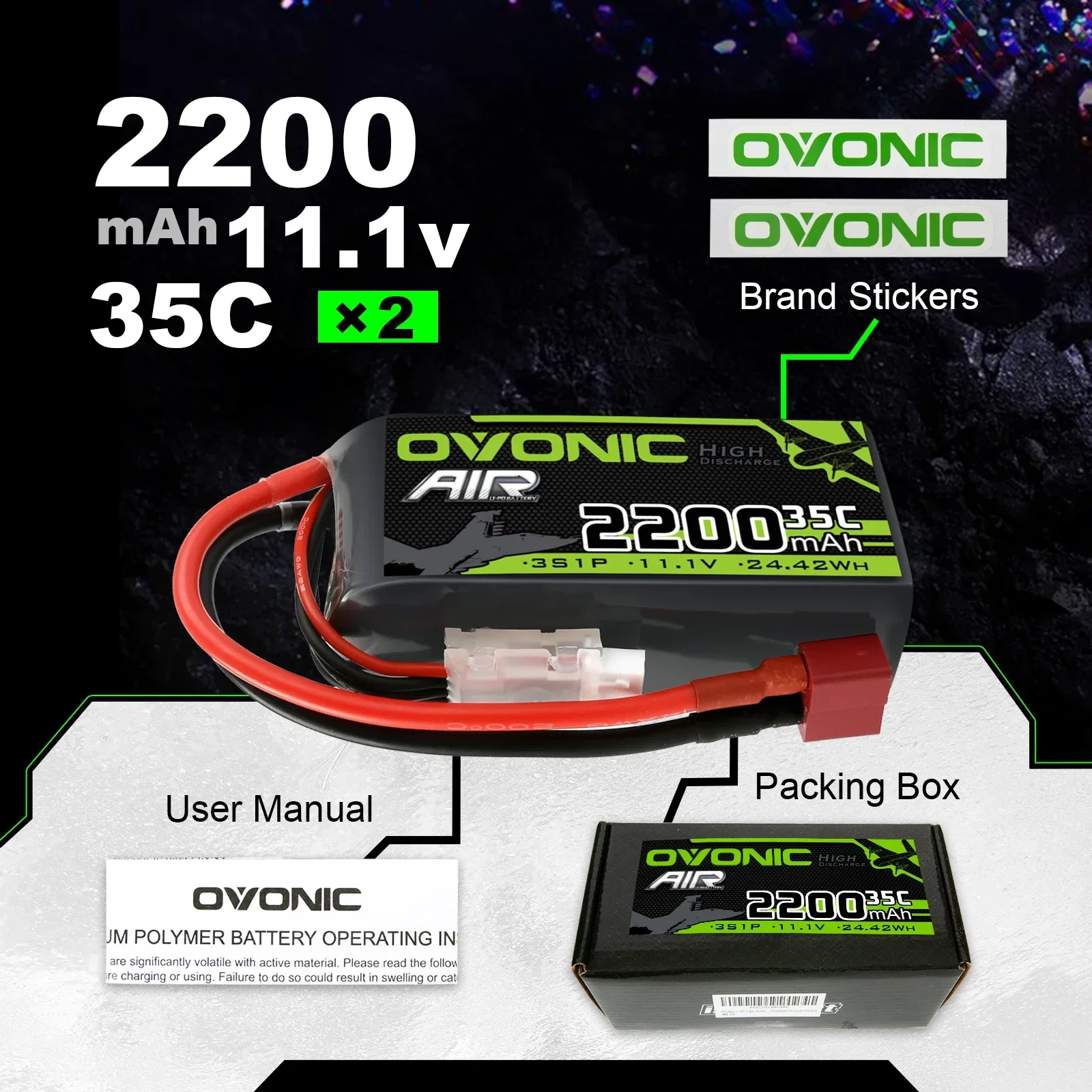 Lot 2 batteries LiPo Ovonic 3S 2200mAh 11.1V 35C XT60/Deans pour RC